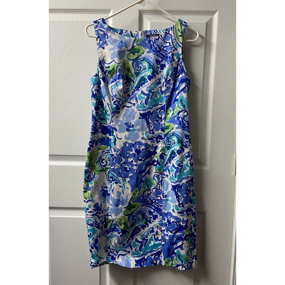 Chaps Sheath Dress Womens Size 6 Blue Green White Sleeveless Classic Office Care